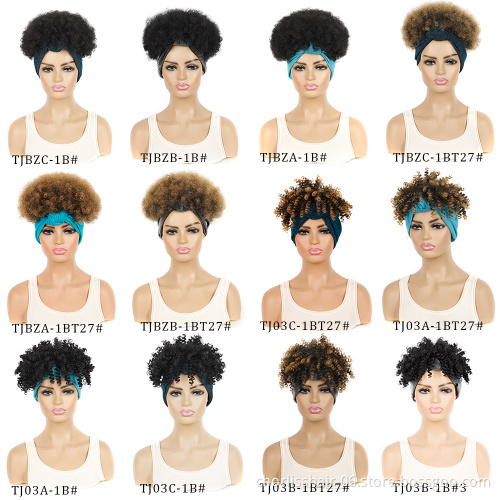 New Arrival Blonde Black Fluffy Kinky Curly Turban Wig Heat Resistant Ombre Afro Headband Wig Synthetic Hair Wig For Black Women